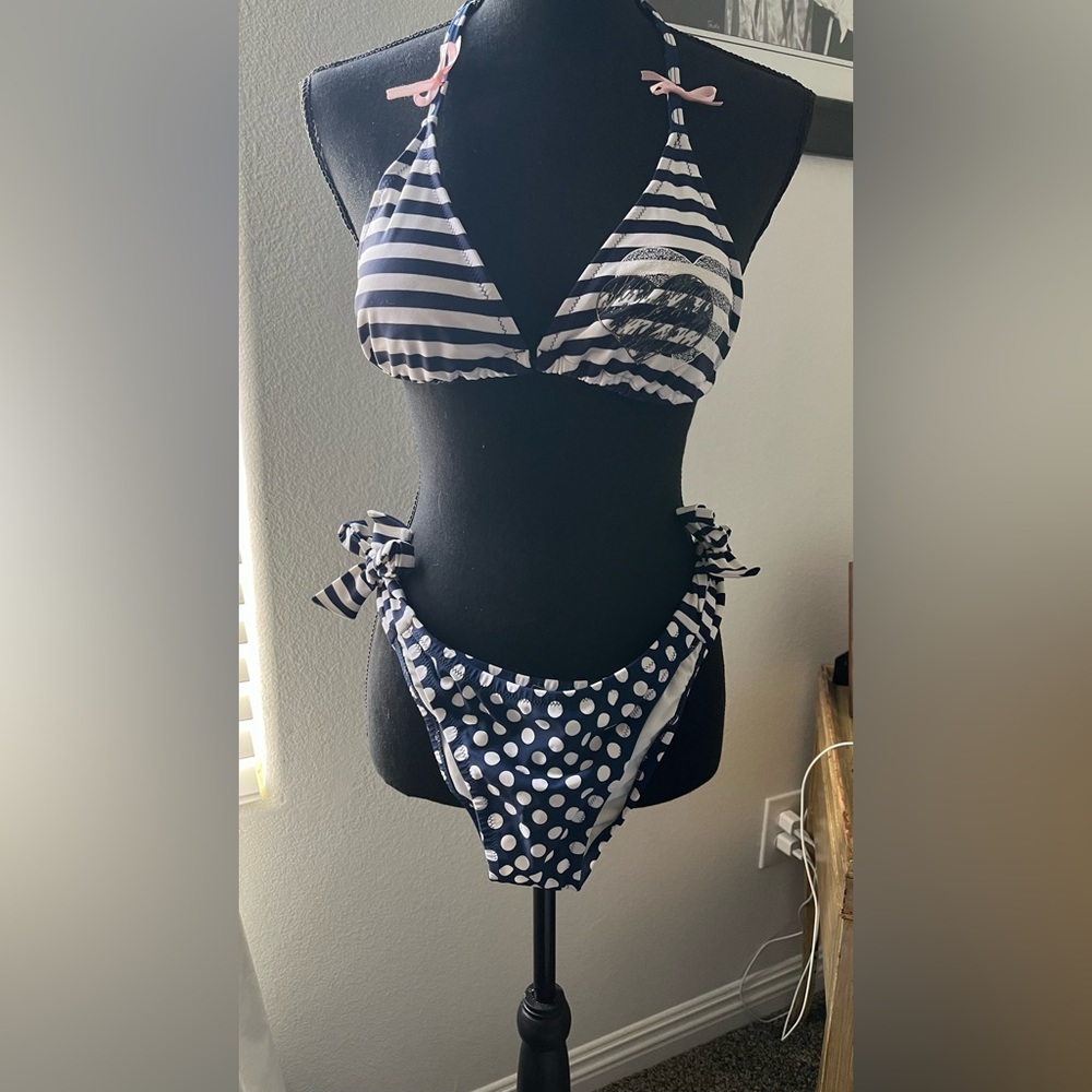 Biki Navy Blue & White Striped Polka Dot Bikini Set | Size Medium
